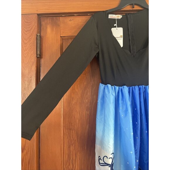 Moking Top Womens Christmas Dress Small Santa Long S Black Blue Reindeer NYC - Picture 2 of 12